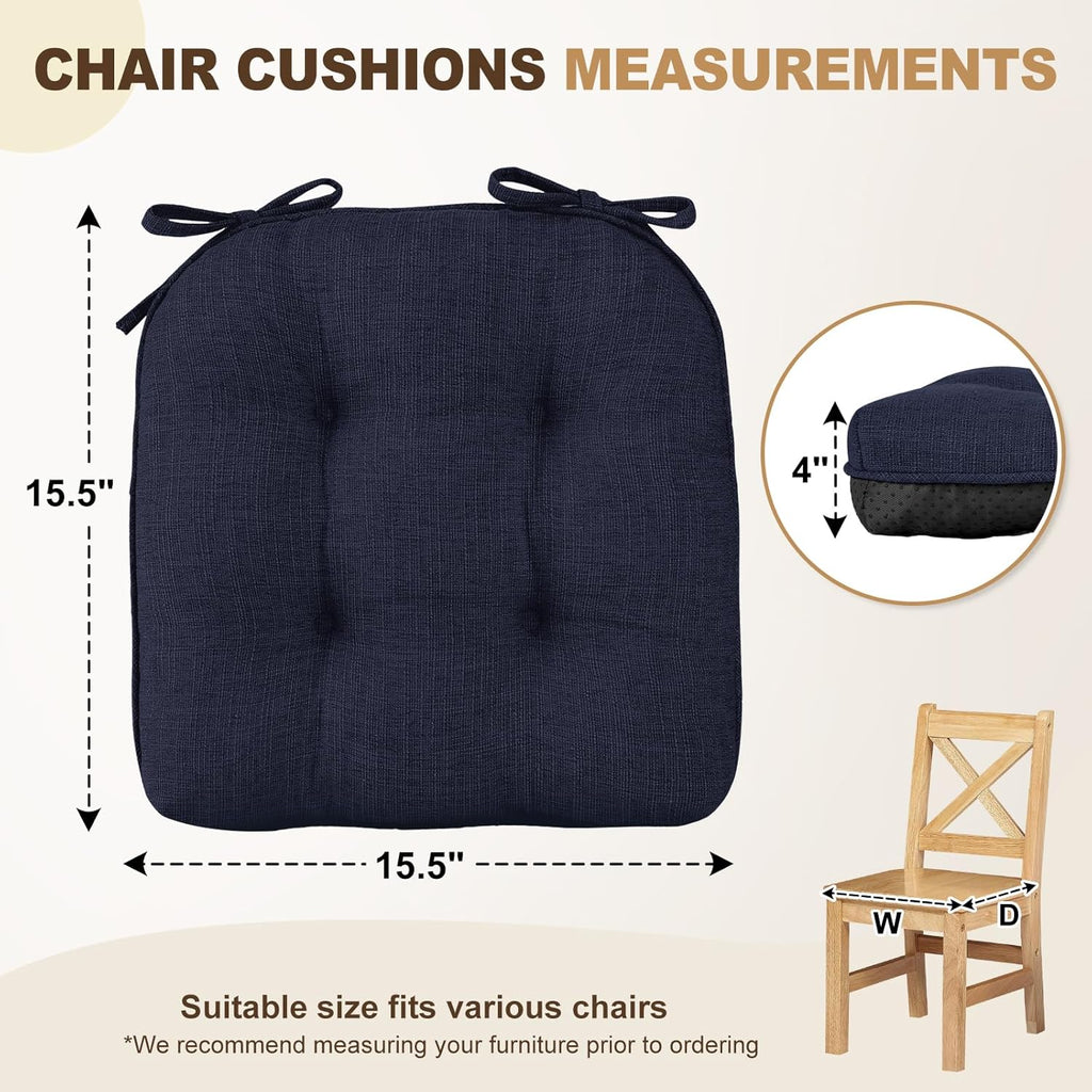 downluxe Indoor Chair Cushions for Dining Chairs, Tufted Overstuffed Textured Foam Kitchen Chair Pads with Ties and Non-Slip Backing, 15.5" x 15.5" x 4", Navy, 4 Pack