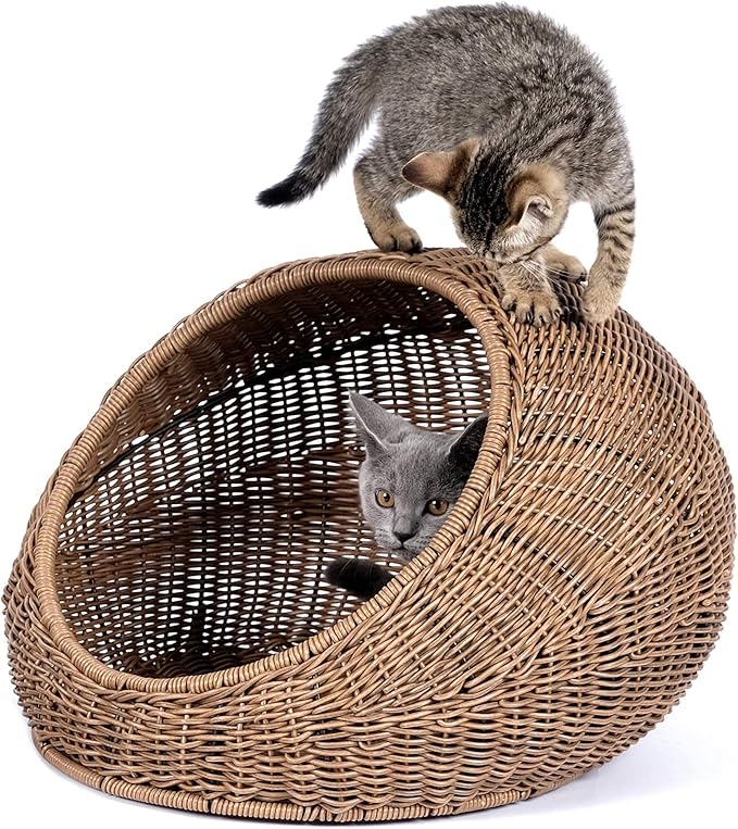 D+GARDEN Wicker Cat Bed Dome for Medium Indoor Cats - a Covered Cat Hideaway Hut of Faux Rattan Houses Pets in Dome Basket, Washable