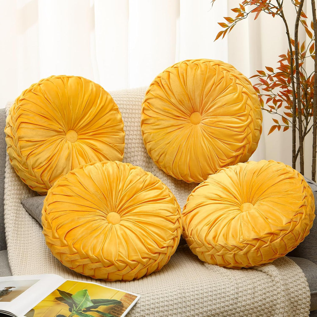 4 Pcs Round Throw Pillows 15 Inch Decorative Velvet Pleated Pumpkin Floor Boho Pillows for Living Room Couch Chair Bed Sofa (Yellow)