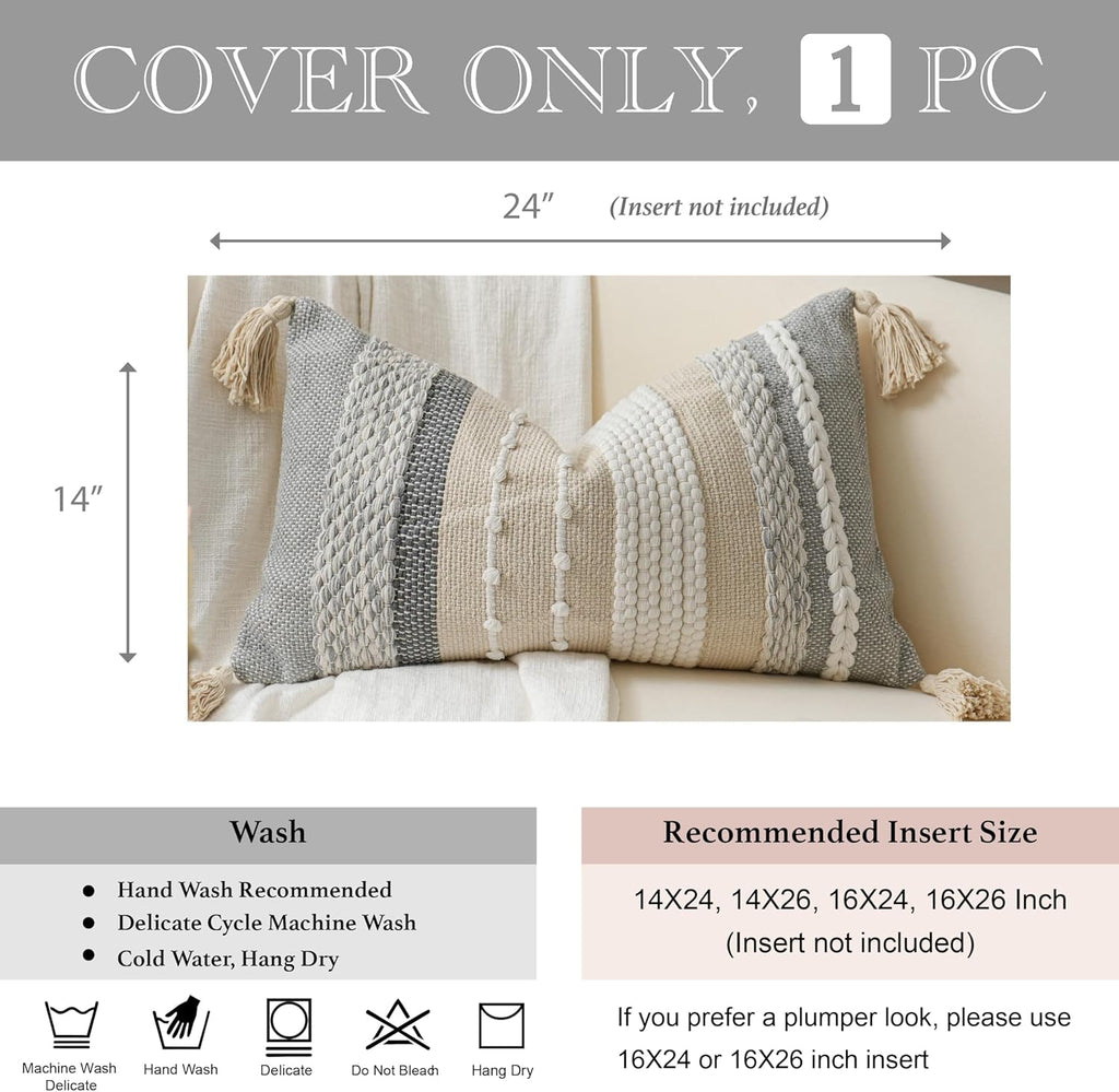 BlissBlush Decorative Lumbar Throw Pillow Cover 14x24 Boho Gray Accent Cushion for Couch Sofa Farmhouse Pillowcase for Bedroom Living Room Home Décor Cover ONLY