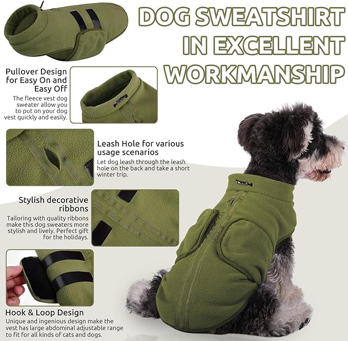 Queenmore XXL Dog Sweater, Soft Fleece Vest Pullover Dog Jacket with Leash Hole, Warm Winter Dogs Clothes Cold Weather Doggy Dachshund Sweaters for Large Dogs Cats Boy or Girl (Army Green, XXL)