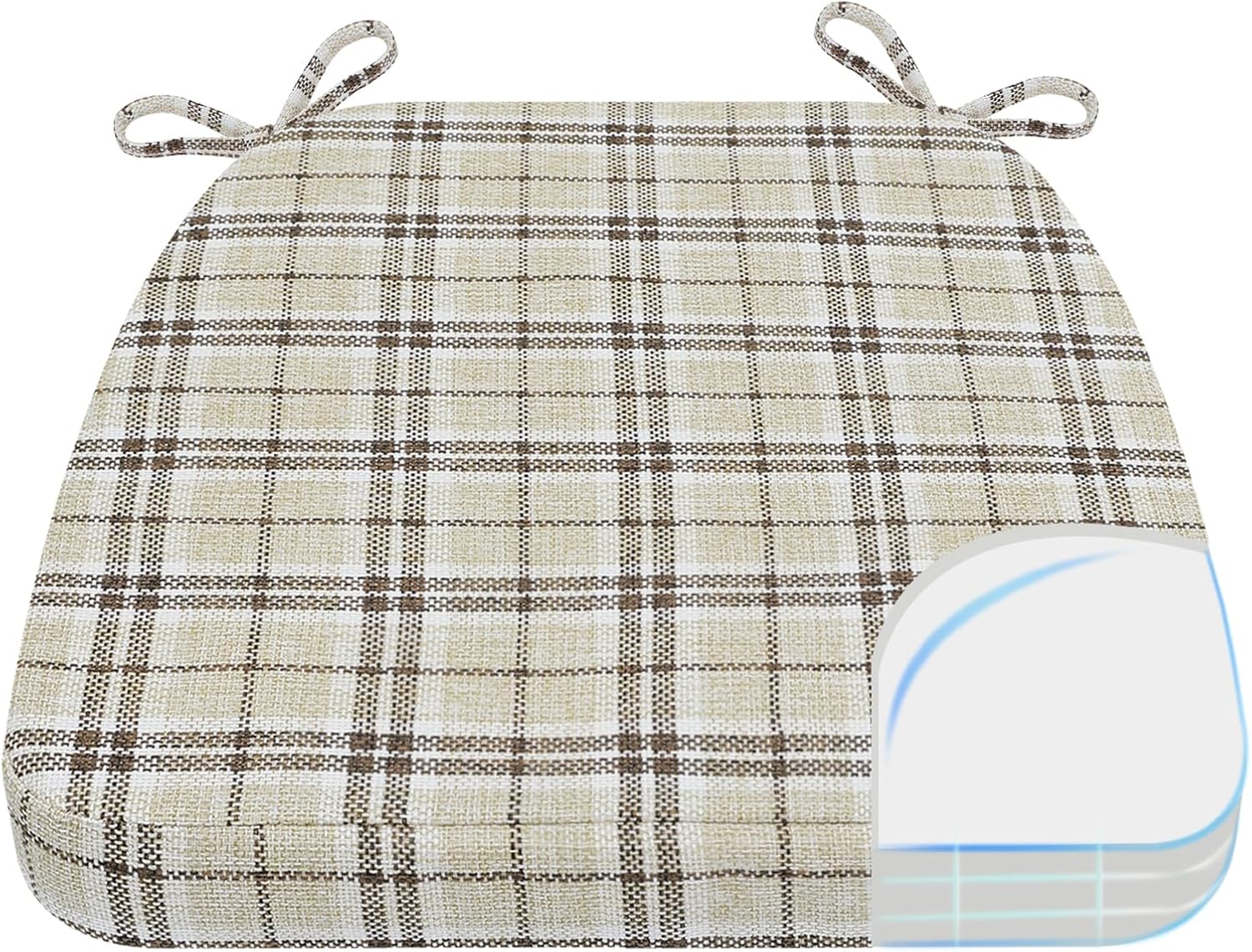 AAAAAcessories D-Shaped Chair Cushions, 2" Thick Dining Chair Pads with Ties and Removable, Machine-Washable Cover, 17" x 16", Yellow Checkered