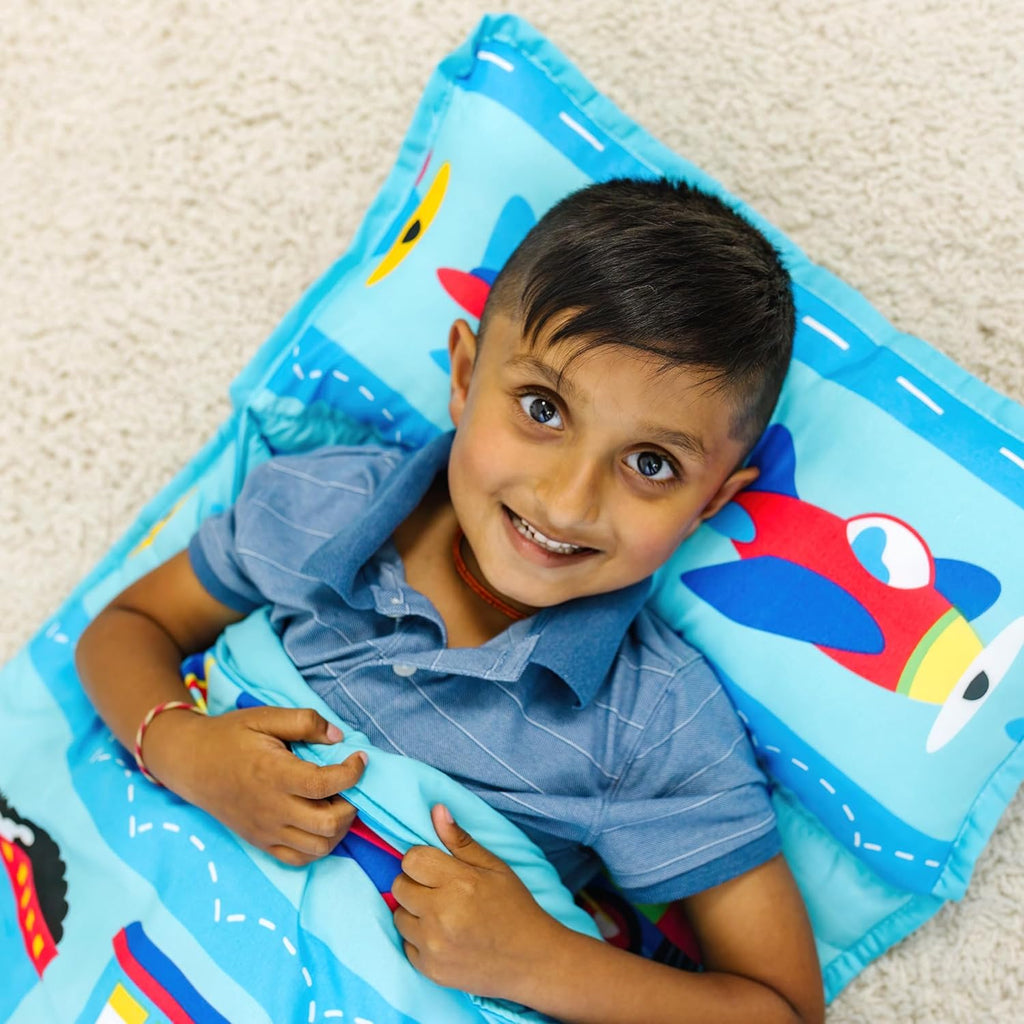 Wildkin Kids Microfiber Nap Mat – Soft Sleep Mat with Pillow, Ideal for School & Travel - Trains, Planes, and Trucks