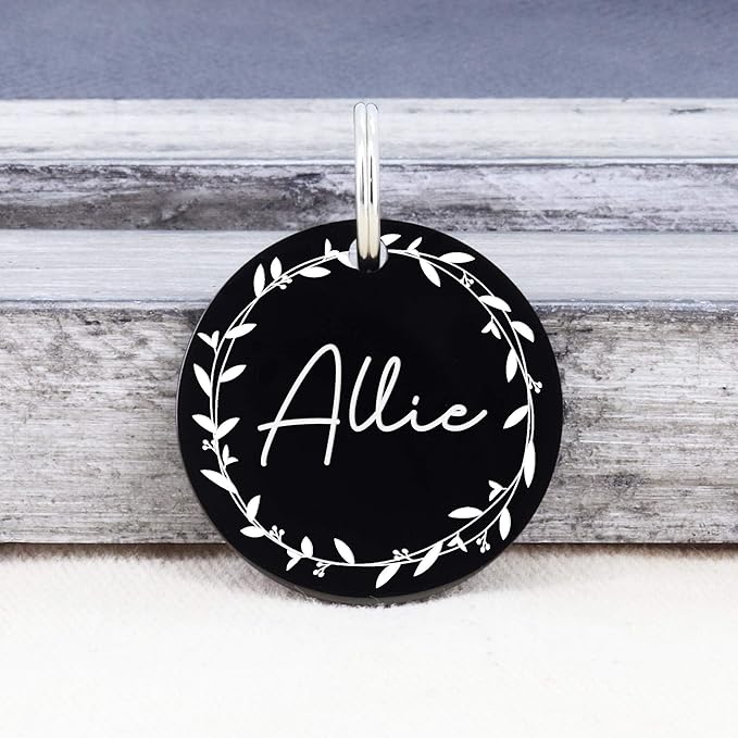 UltraJoys Stainless Steel Pet ID Tag Dog Name Tags Personalized Front and Back Engraving, Customized Dog Tags and Cat Tags, Optional Engraved on Both Sides, Round Tag with Vine Design 2, Large Black
