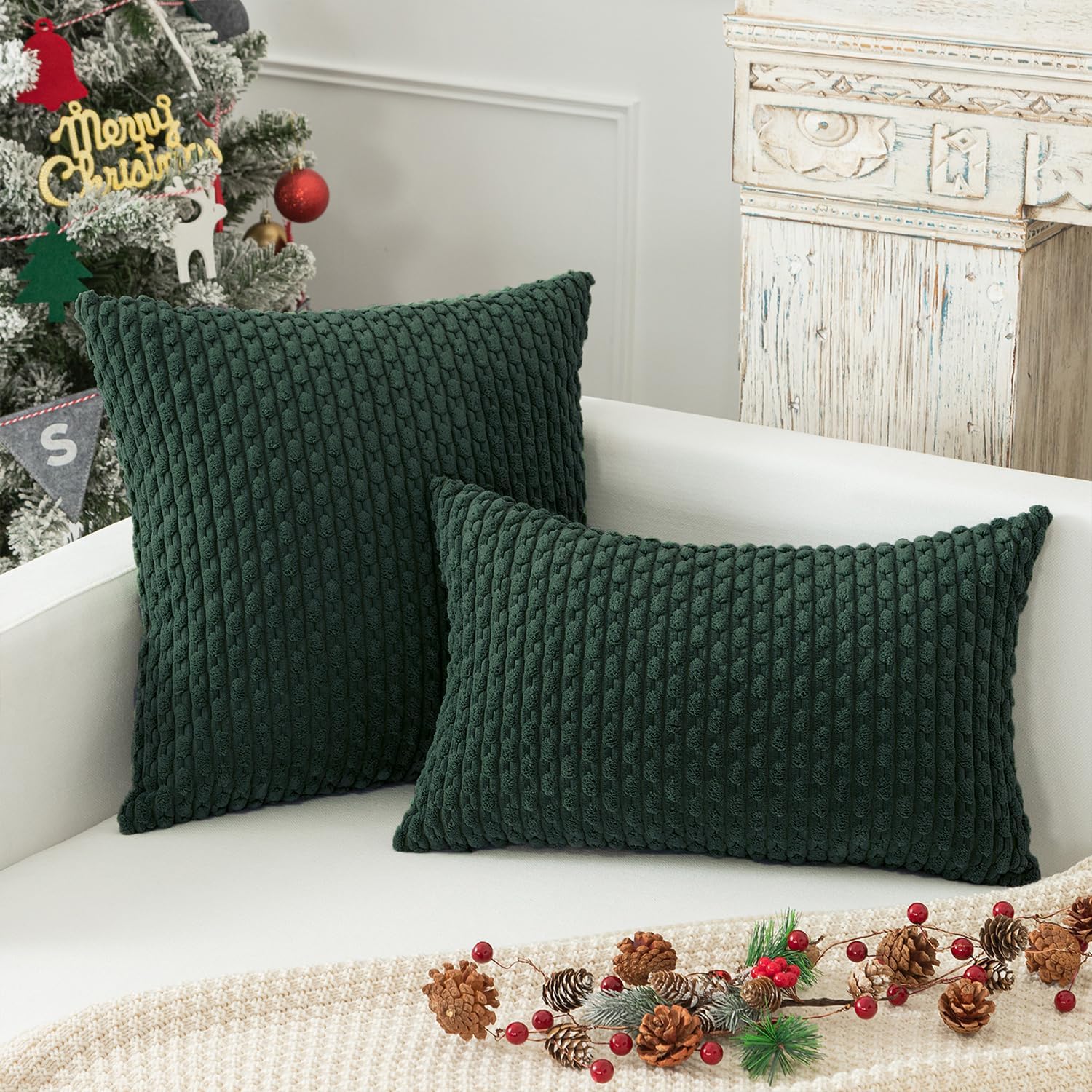 Kevin Textile 12x20 Inch Pillow Cover 1 Pack Boho Christmas Decorative Soft Striped Corduroy Lumbar Farmhouse Color Accent Rectangle Cushion Case for Living Room Couch Sofa Bed, Army Green