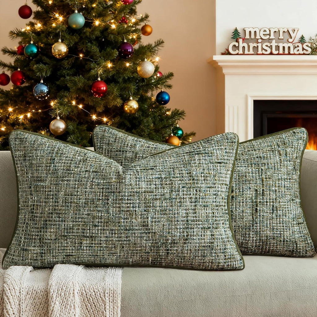 A Moment Christmas Dark Green Reversible Pillow Covers 2 Pack - Farmhouse Chenille Throw Pillows, Neutral Textured Decorative Throw Pillow Covers with Border for Couch Sofa Bed (12x20 Inch, No Insert)
