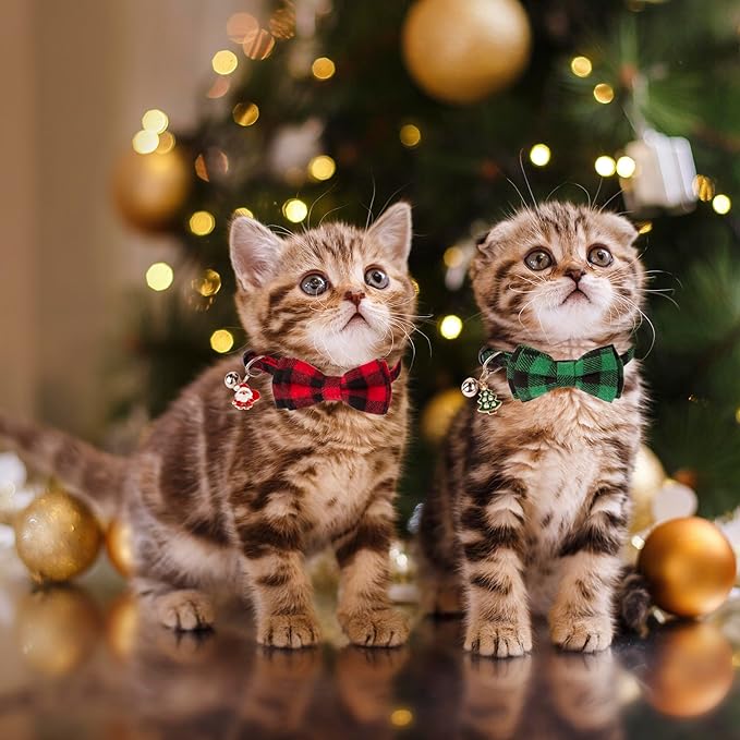 ADOGGYGO Christmas Cat Collars Breakaway with Cute Bow Bell - 2 Pack Red Green Plaid Kitten Collar with Removable Bowtie Christmas Collar for Cats Kittens