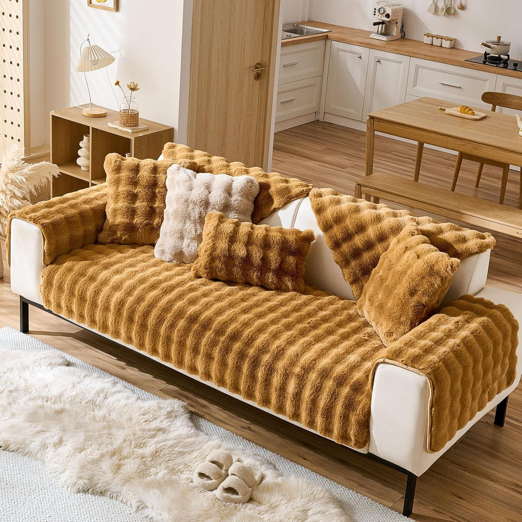 Faux Fur Couch Cover Fuzzy Soft Plush Thick Bubble Sofa Cover Luxury Sectional Couch Covers Luxury Anti-Slip Sofa Slipcover Washable Furniture Protector (Brown Yellow,36"x70")