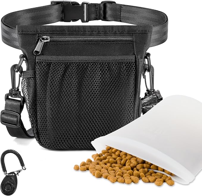 Dog Treat Pouch with 2 Cup Silicone Bag, Dog Treat Pouches for Pet Training with Clicker, Adjustable Belt, Shoulder Strap, Poop bags roll, 3 ways wear, for outdoor walks, training, and travel