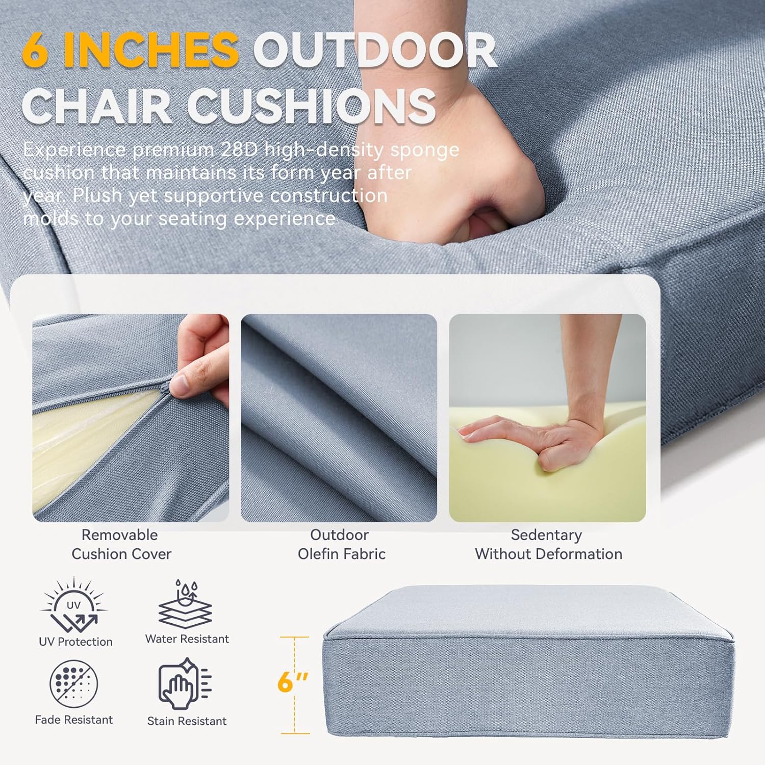 6" Thick Outdoor Chair Cushions - 22"* 24" Patio Furniture Cushions with Water Resistant & Removable Cover, 28D High Density Sponge Patio Cushion for Outdoor Furniture Couch Chair Baby Blue