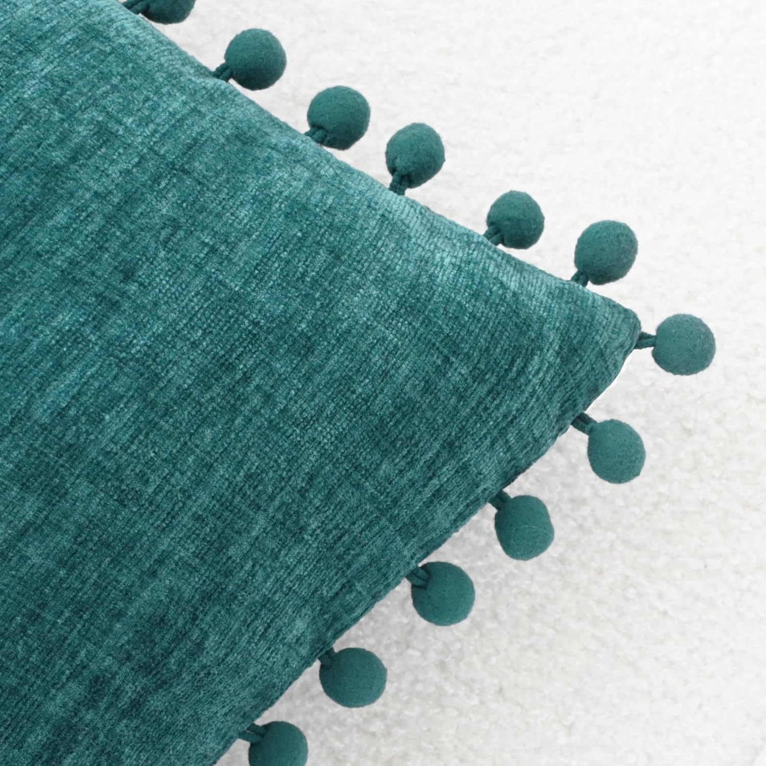 CaliTime Throw Pillow Covers Decorative 16 X 16 Inches Pack of 2 Cozy Solid Dyed Soft Chenille Cushion Cases with Pom Poms for Couch Sofa Bed Living Room Home Teal