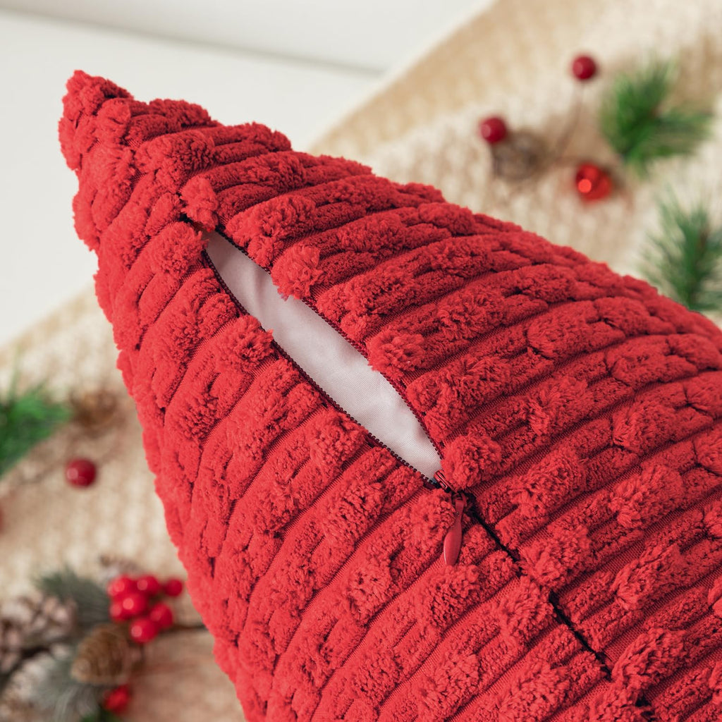 Kevin Textile 14x24 Inch Pillow Cover 1 Pack Boho Christmas Decorative Soft Striped Corduroy Lumbar Farmhouse Color Accent Rectangle Cushion Case for Living Room Couch Sofa Bed, Red