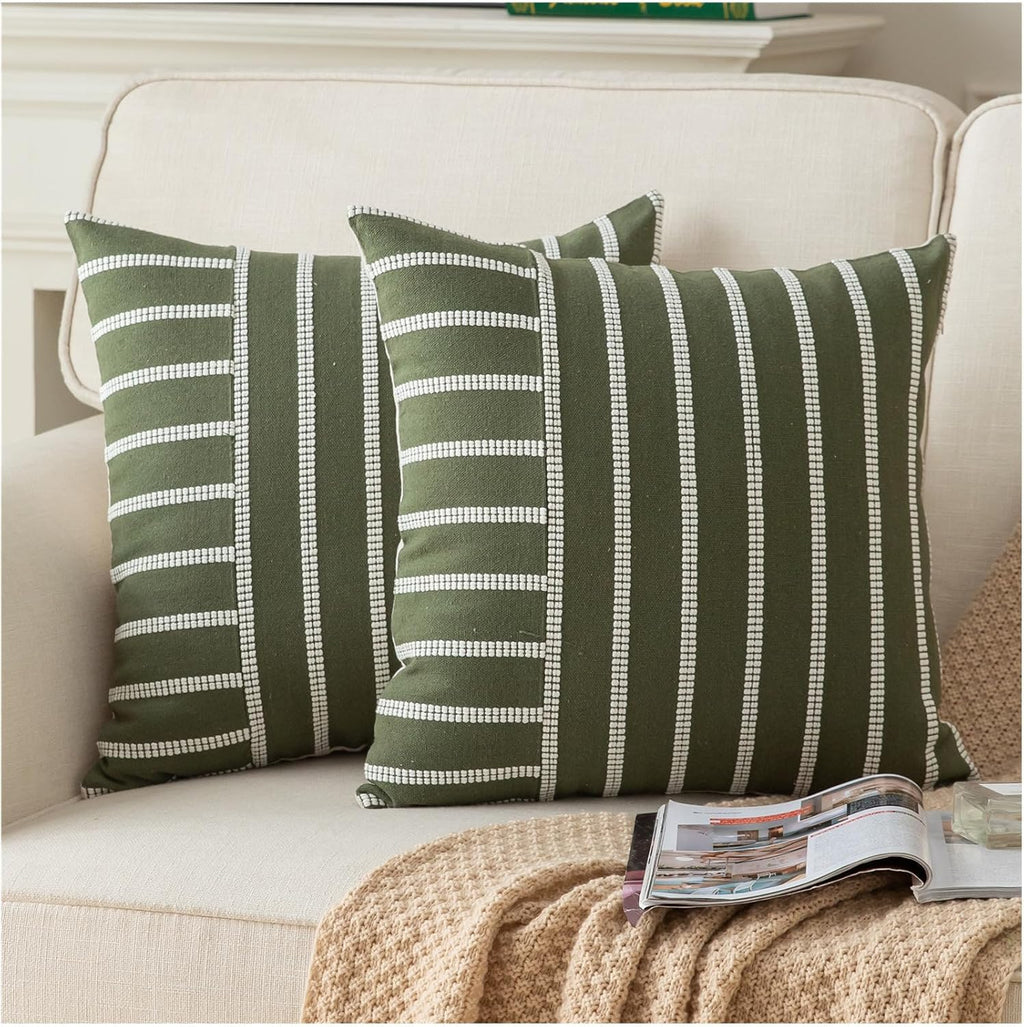 Caflife Boho Throw Pillow Covers 20x20 Set of 2 Soft Farmhouse Decorative Couch Pillow Cases Green Striped Pillow Covers Neutral Cushion Covers for Sofa Bed Living Room Home Decor