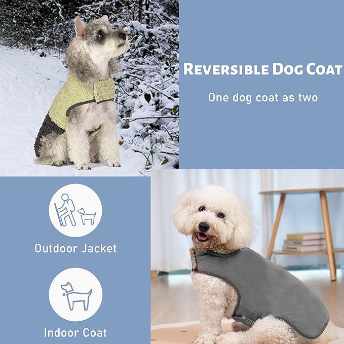 cyeollo Warm Dog Coat Sherpa Dog Winter Coat, Reversible Fleece Doggie Jackets Sweater Vest for Small Dogs Male with Leash Hole, Soft Cold Weather Pet Clothes, Khaki M