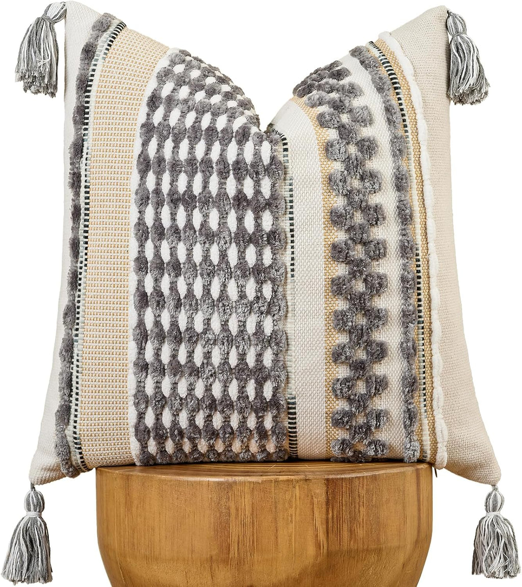 AmHoo Chenille Striped Textured Boho Throw Pillow Covers Aesthetic with Tassels Woven Decorative Pillow Case for Couch Bed Sofa Bedroom Modern Funky 18 x 18-Inch Grey White