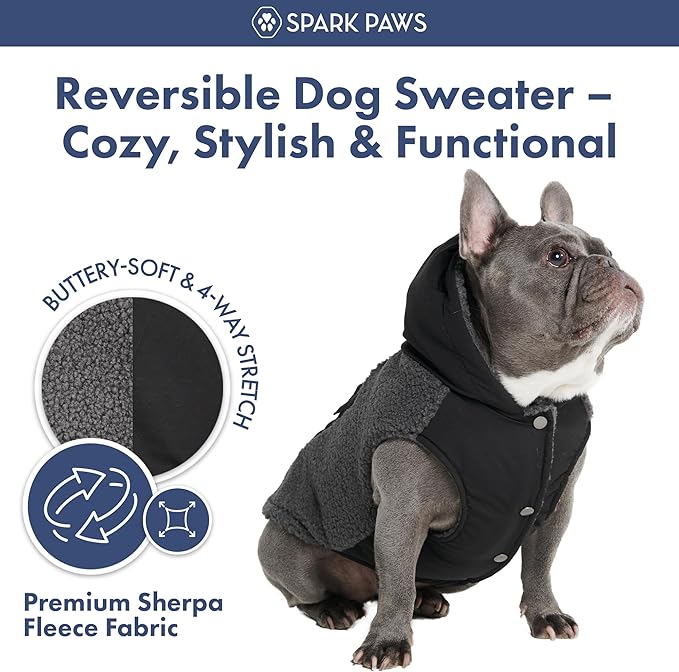 Spark Paws Reversible Dog Sweater, Sherpa Jacket Vest with Warm Fleece Lining, Warm Coat for Winter, Suitable for Small Medium, Large, XL XXL Dogs - Black and Grey - M