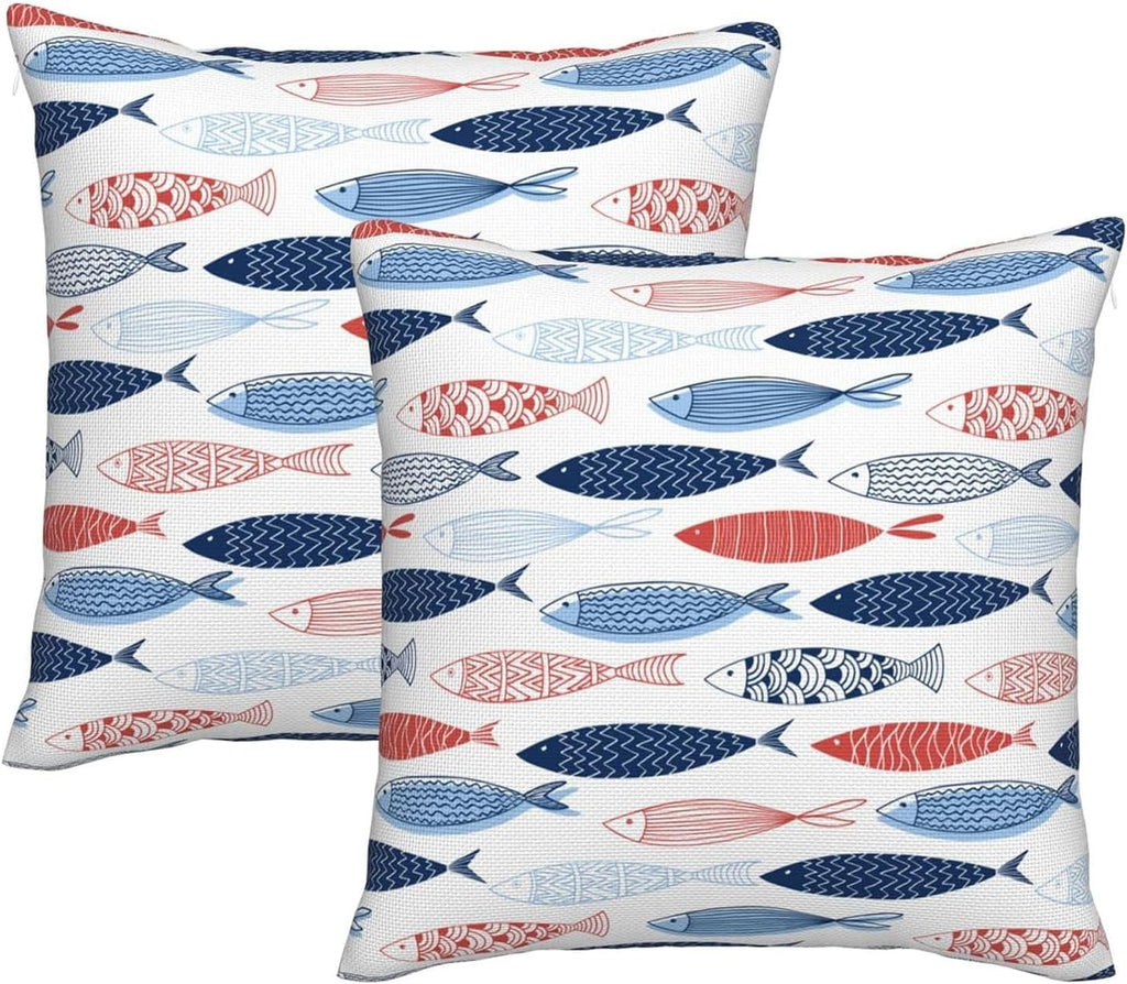 bassyil Fish Throw Pillow Covers Decorative Linen Pillow Cases Set of 2 Square Cushion Cover for Couch Sofa Bedroom Patio 18x18 Inch