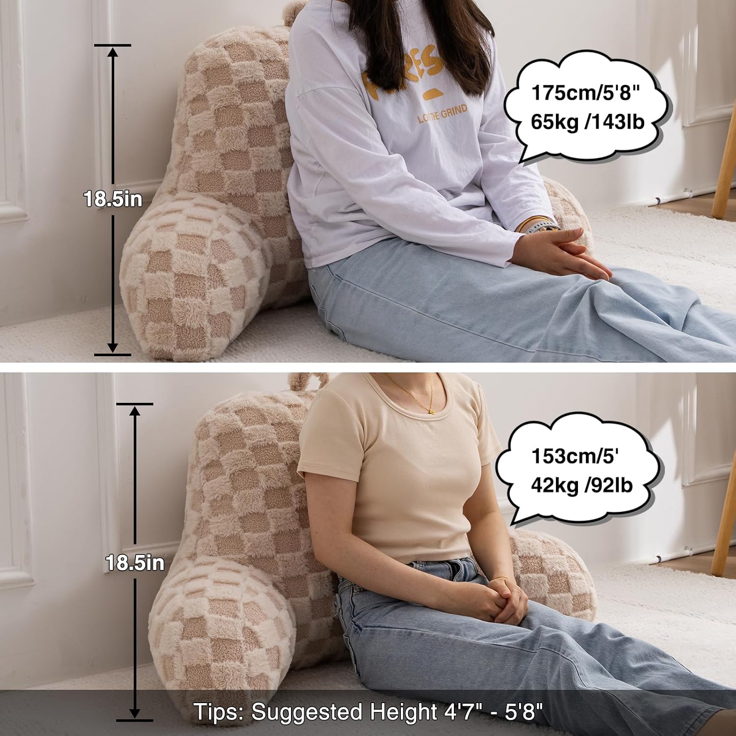 A Nice Night Faux Fur Reading Pillow,Checkered Fluffy Grid Plaid,Bed Wedge Pillow Large Adult Children Backrest with Arms for Bedrest,Beige