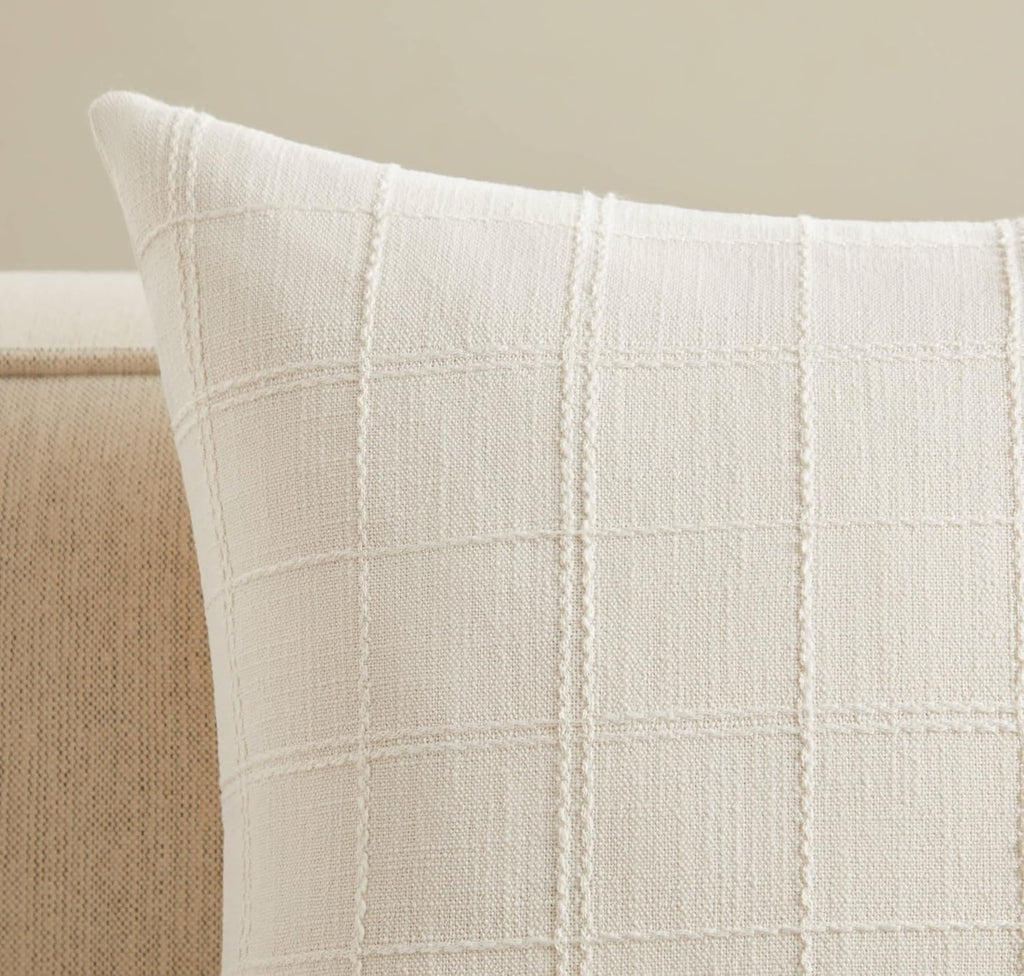 ZeeMart Linen Checked Throw Pillow Covers Set of 2, 18x18 Inch Ivory/Cream, Farmhouse Decorative Single Sided Grid Embroidered Couch Pillow Cases Off White Cotton Linen Cushion Covers