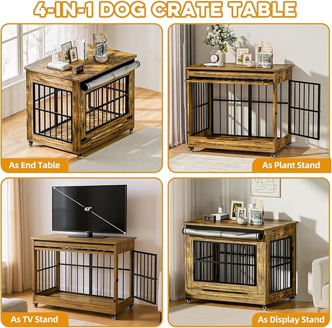42" Large Dog Crate Furniture, Double Door Wooden Indoor Dog Kennel Furniture, Decorative Pet Cage End Table with Wheels for Large Breed Dogs, Size XL, Rustic Brown