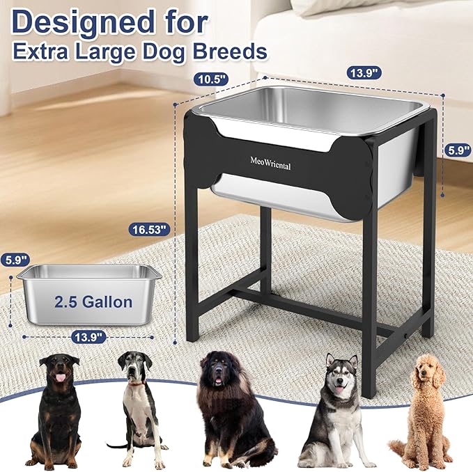 2.5 Gallon Elevated Dog Water Bowl for Large Breeds, 16.5" Tall Raised Stainless Steel Large Dog Water Bowl with Full Metal Stand for Relief Joint Pressure, Tip-Proof, Easy to Clean, Indoor & Outdoor