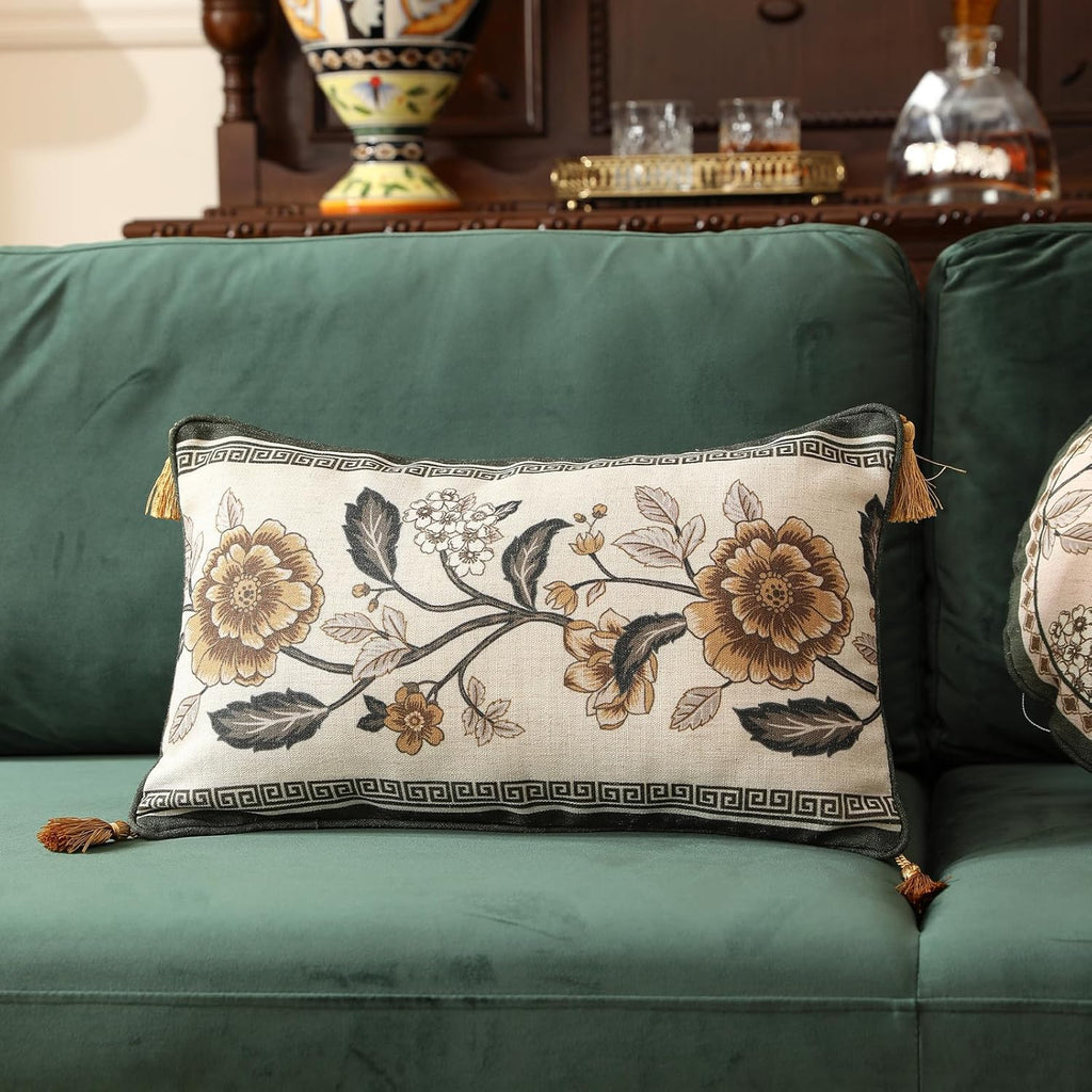 ISAENNE Design Linen Chinoiserie Rectangle Throw Pillow Covers 12"x20", Farmhouse Cushion Covers with Yellow Floral Birds Pattern Decoration Pillowcases for Bed,Living Room,Outdoor,Car