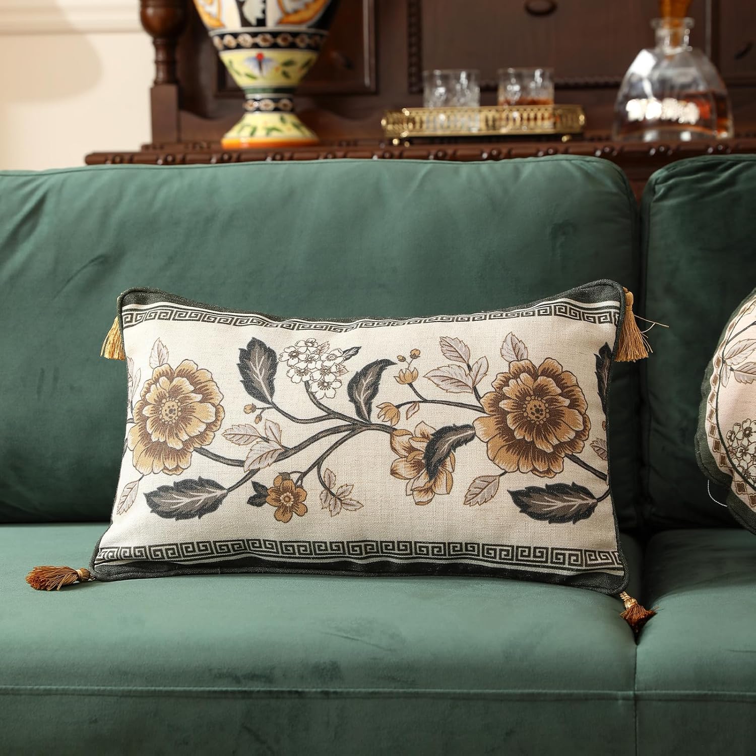 ISAENNE Design Linen Chinoiserie Rectangle Throw Pillow Covers 12"x20", Farmhouse Cushion Covers with Yellow Floral Birds Pattern Decoration Pillowcases for Bed,Living Room,Outdoor,Car