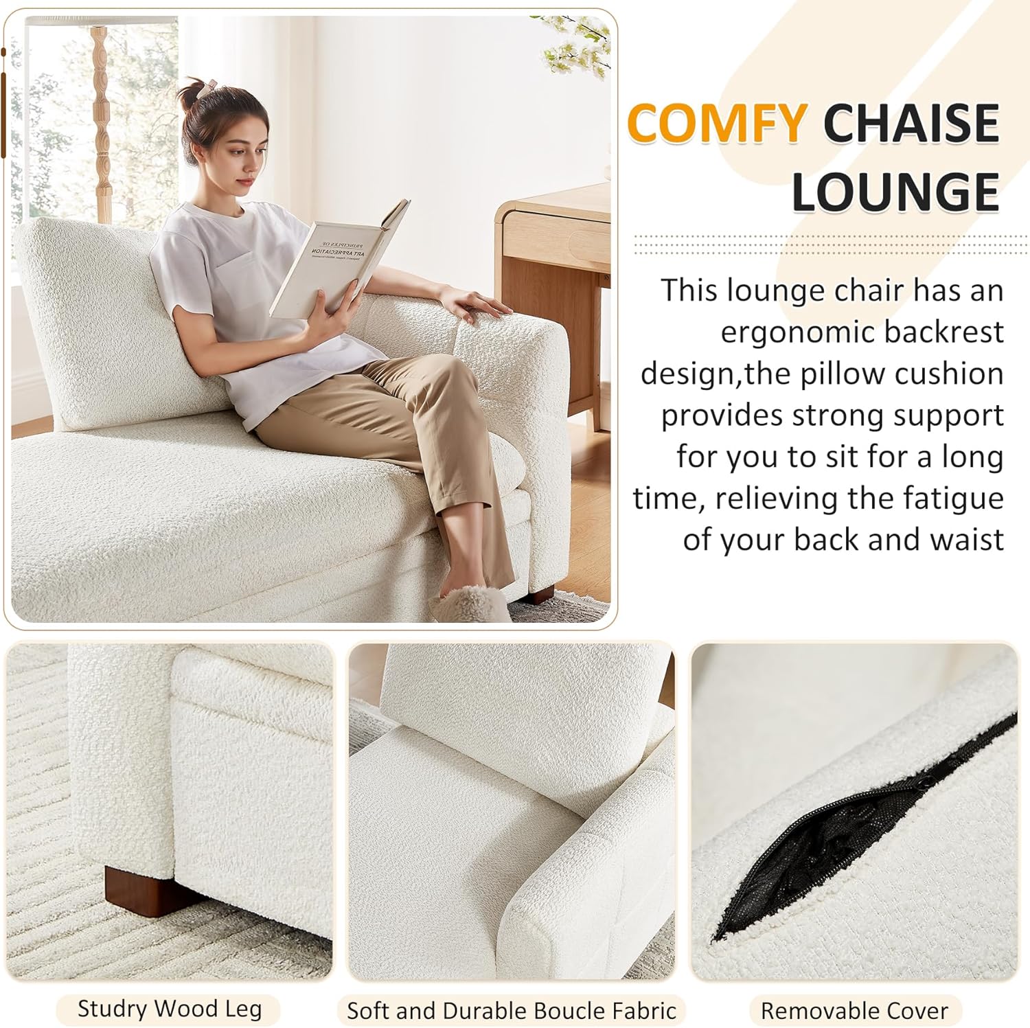 VANOMi Oversized 70.47'' Chaise Lounge Chair Indoor with Storage Space, Modern Upholstered Sofa Bed with Thick Cushion and Left Armrest, Boucle Leisure Recliner for Living Room, Bedroom, Office, White