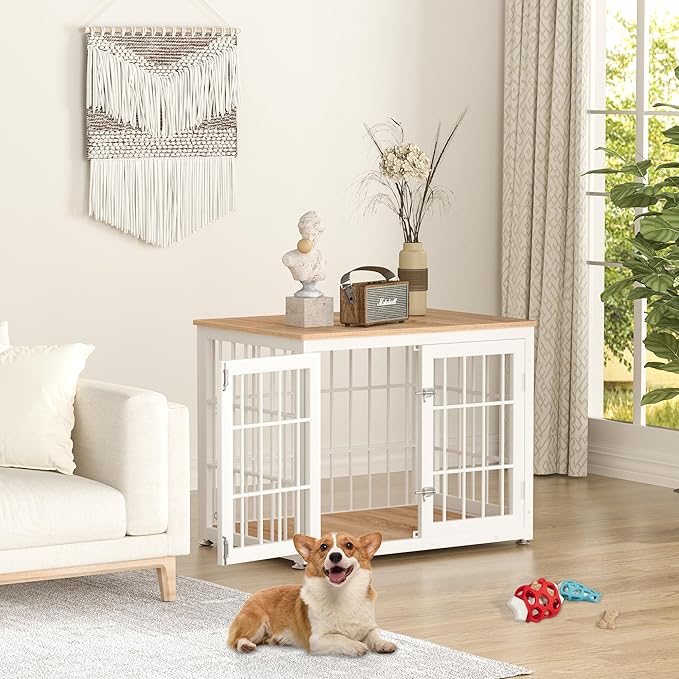 32 Inch Heavy Duty Dog Crate Furniture for Medium and Small Dogs, Decorative Pet House End Table, Wooden Cage Kennel Furniture Indoor, Natural and White