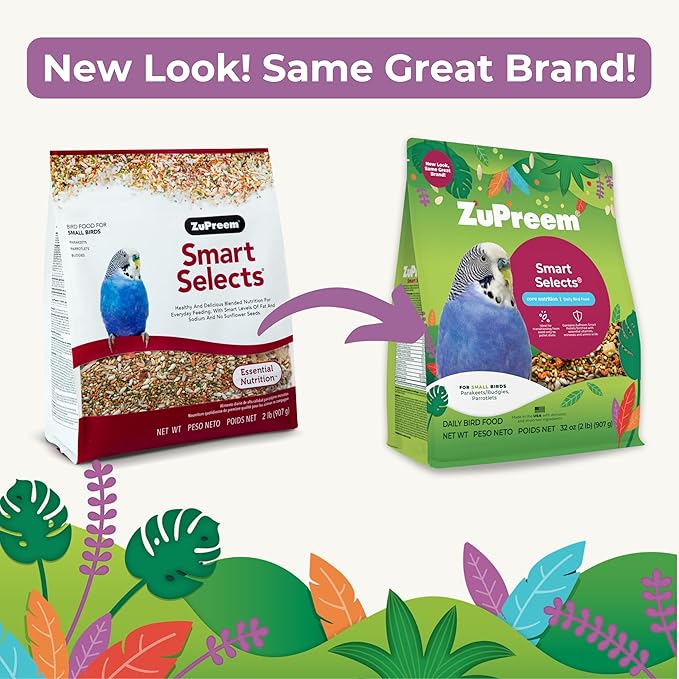 ZuPreem Smart Selects Daily Bird Food for Parakeet, Budgie, Parrotlet, Dove, Bird Pellets and Seed Blend, Core Nutrition for Small Birds, Made in USA, Parakeet Food, Budgie Food (S, 2 lb)