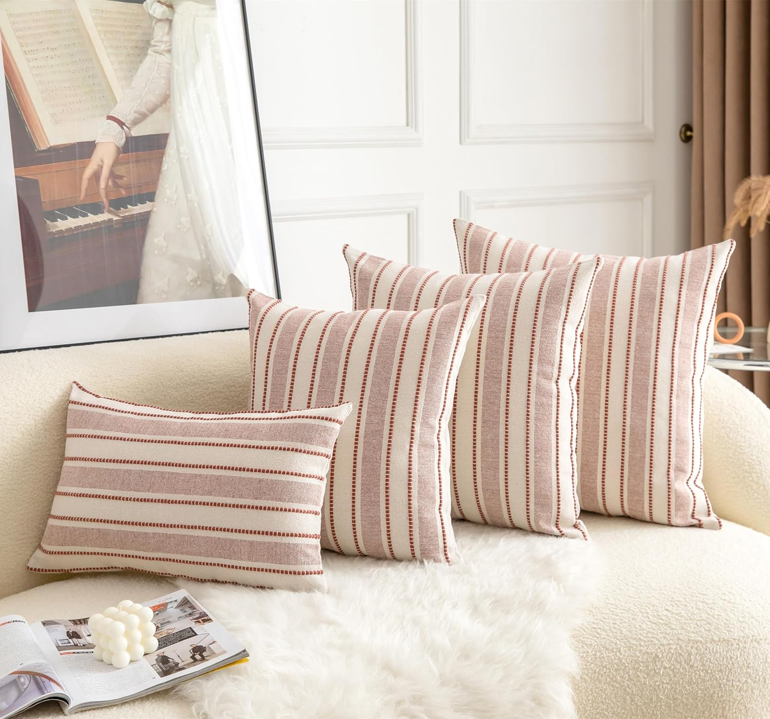 Decorative Boho Lumbar Throw Pillow Covers, Farmhouse Textured Pillow Case, 12 x 20 Inch Set of 2, Chair Sofa Bedroom Living Room Home Decor Couch Cushion Case, Rust and Beige Striped