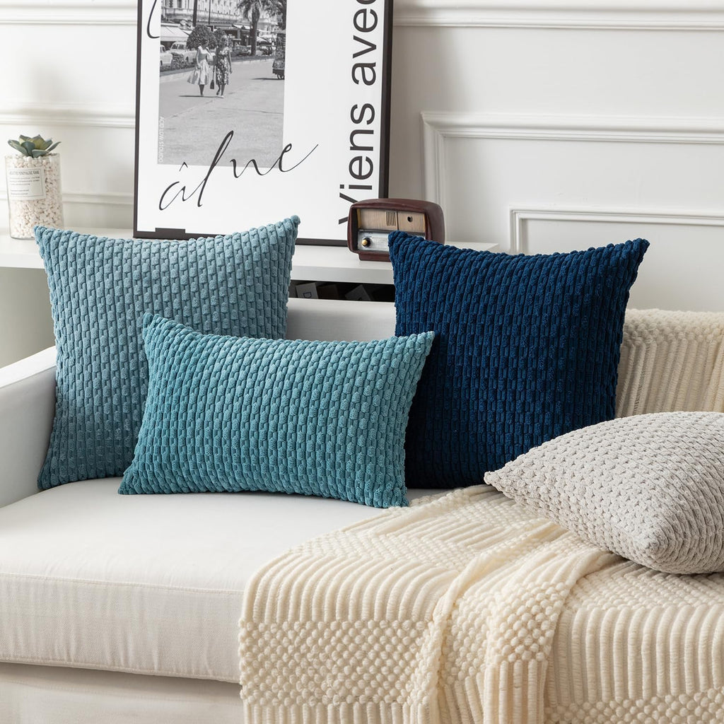 Kevin Textile 12x20 Inch Pillow Cover 1 Pack Boho Decorative Soft Striped Corduroy Lumbar Farmhouse Solid Color Accent Rectangle Cushion Case for Living Room Couch Sofa Bed, Blue Grey