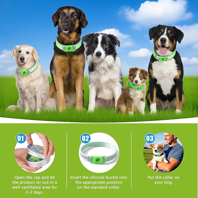 Natural Flea and Tick Prevention Dog Tag – Waterproof Collar Pendant with 2 Extra Refills, Green, Safe for All Breeds Collar Not Included