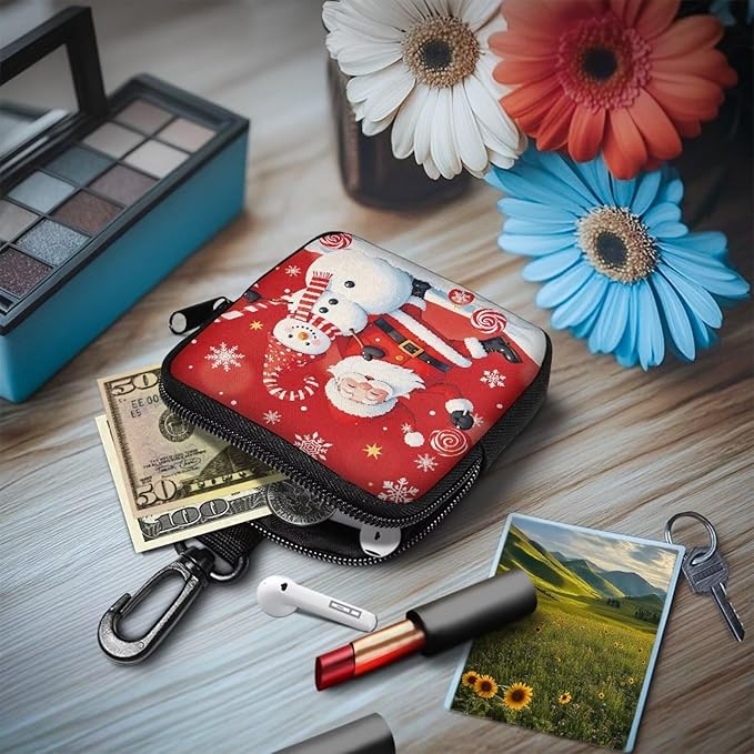 KEIAHUAN Christmas Dog Treat Pouches Small Portable Training Walking Treat Bag for Puppies with Clasp Reusable Pet Treat Container Coin Purse with Zipper Closure, Santa Claus Snowman