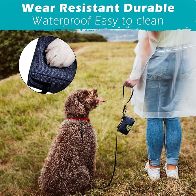 PetBonus Dog Poop Bag Holder, Portable Pet Waste Bag Dispenser, 2 Pouches for Treats and Walking Accessories, Fit All Leashes, Includes 1 Roll of Dog Poop Bags (Navy Blue)