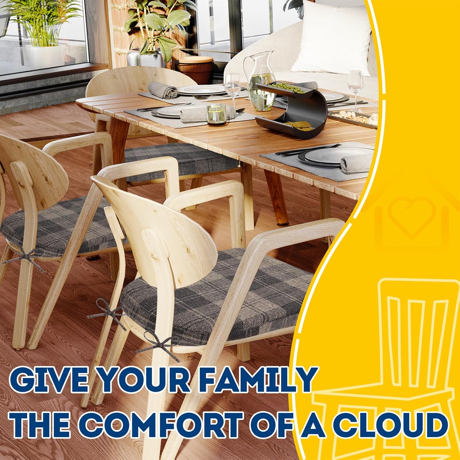 AAAAAcessories D-Shaped Chair Cushions, 2" Thick Dining Chair Pads with Ties and Removable, Machine-Washable Cover, 17" x 16", Set of 4, Brown Checkered