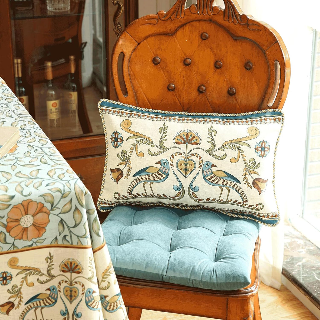 patdrea Designer Rectangle Throw Pillow Covers,Farmhouse Blue Linen with Birds Floral Pattern Pillow Cover,Decorative Lumbar Pillowcases Cushion for Bed Living Room Outdoor Car,12"x20"