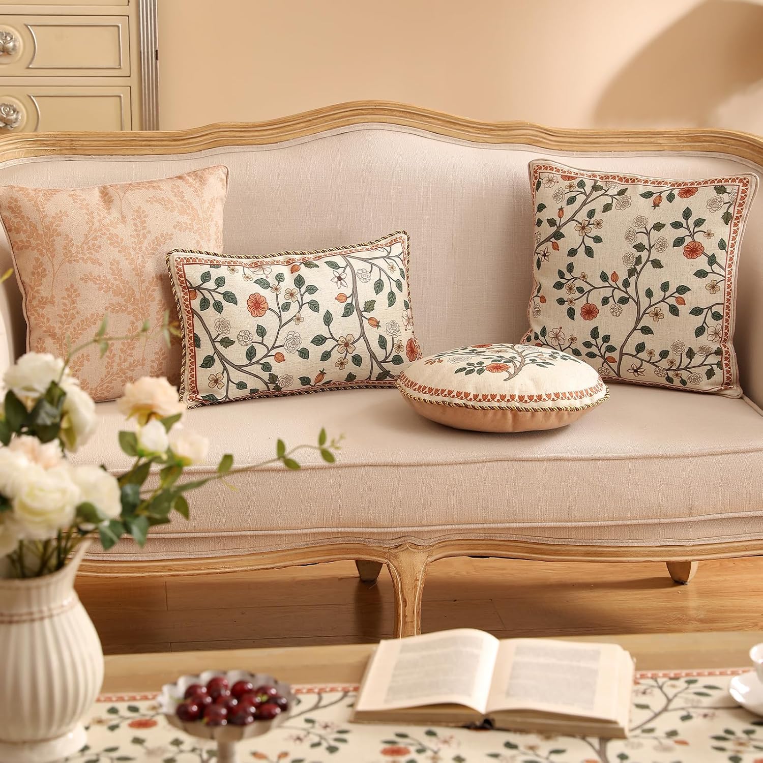 ISAENNE Design Linen Classic Throw Pillow Covers 12"x20", French Farmhouse Rectangle Cushion Covers with Orange White Floral Pattern Decor Pillowcases for Bed,Living Room,Outdoor,Car