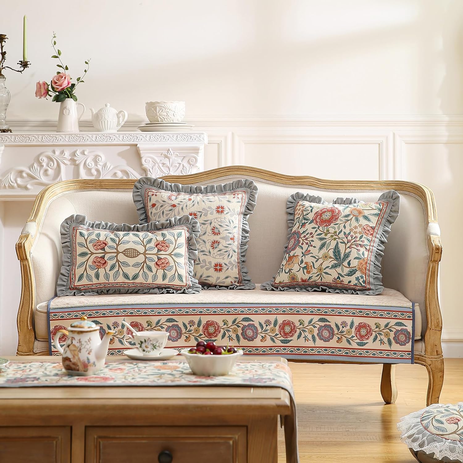 Orange Throw Pillow Covers,Cottage Rustic with Blooming Floral Pattern Linen Pillowcases,Decorative Square Pillows Cushion Covers for Couch Sofa Bed Chair Car,18x18 Inches