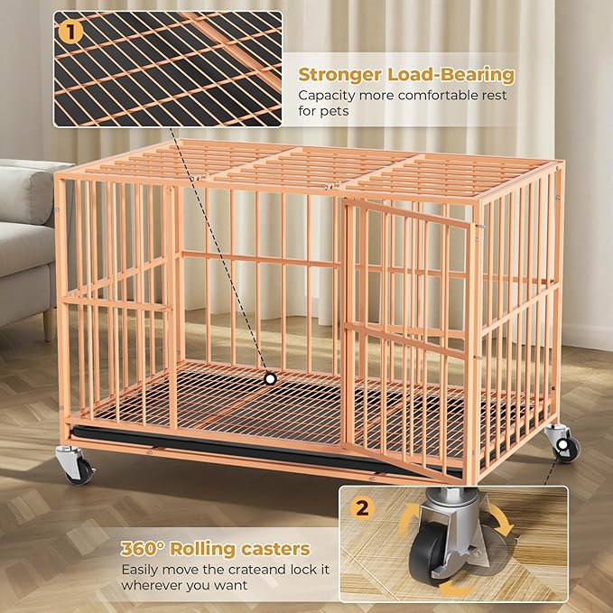 48 in Orange Heavy Duty Dog Crate Steel Escape Proof, Indoor Double Doors and Lockable Wheels,Removable Tray, for Medium and Large Large Dog Breeds,XL,XXL