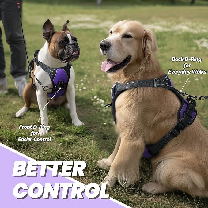 VIVAGLORY Dog Harness Easefit No Pull Dog Harness with Front Clip & Handle for Lifting Training, Adjustable Padded No-Pull Anti Pull Easy On for Puppy & Pet, M, Purple