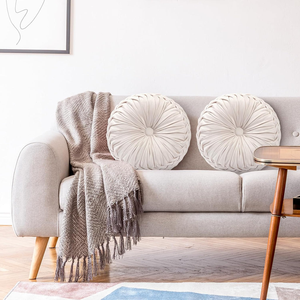 2 Pcs Round Throw Pillows 15 Inch Decorative Velvet Pleated Pumpkin Floor Boho Pillows for Living Room Couch Chair Bed Sofa (Ivory)