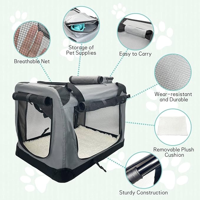 Fhiny Large Cat Carrier for 2 Cats, 24"x17"x17" Soft Dog Crate Collapsible Portable Travel Pet Carrier Bag Durable Breathable Foldable Kitten Carrier Bag for Puppy Cats Under 45 Lbs Grey