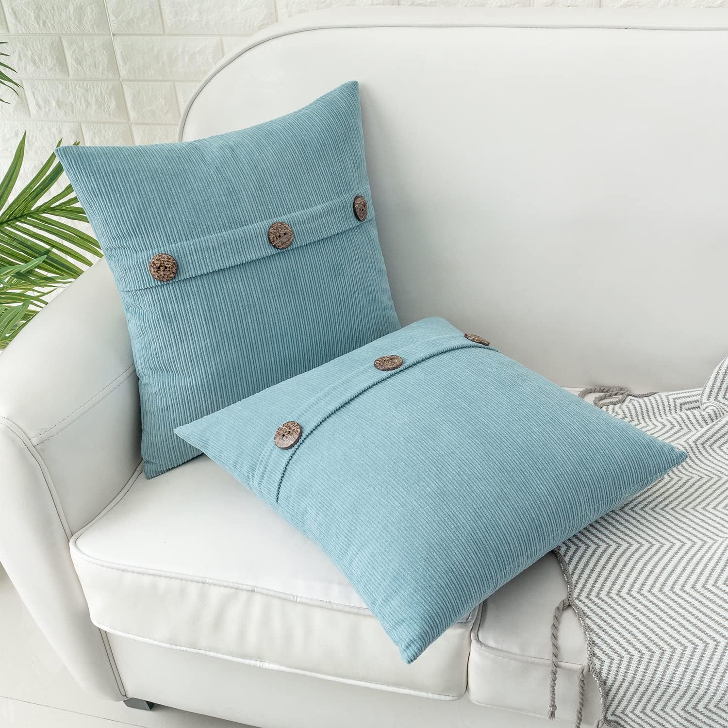 HWY 50 Light Blue Chenille Throw Pillow Covers 20x20 Inch with Triple Buttons, Soft Farmhouse Accent Decorative Cushion Cases for Couch Sofa Bed Living Room Pack of 2