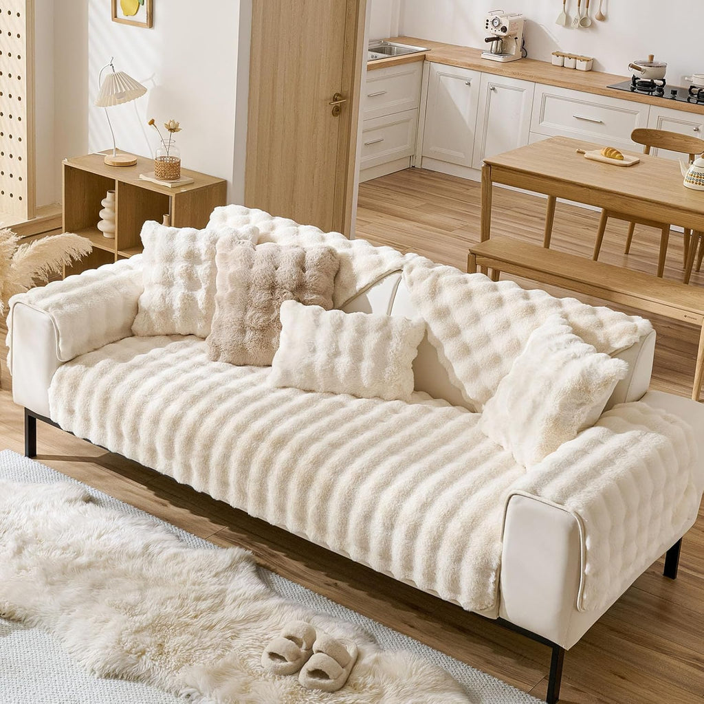 Faux Fur Couch Cover Fuzzy Soft Plush Thick Bubble Sofa Cover Luxury Sectional Couch Covers Luxury Anti-Slip Sofa Slipcover Washable Furniture Protector (Ivory,28"x70")