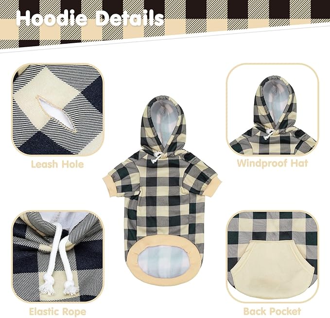 KOOLTAIL Plaid Dog Hoodie Pet Clothes Sweater with Hat and Pocket for Small Medium Large Size Dogs, Soft Winter Warm Dog Cold Weather Coat, Fleece Fall Dog Hooded Sweatshirt for Puppy Cats, Beige M
