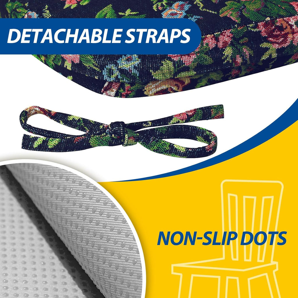 AAAAAcessories D-Shaped Chair Cushions, 2" Thick Dining Chair Pads with Ties and Removable, Machine-Washable Cover, 17" x 16", Set of 6, Night-Blooming Blossoms
