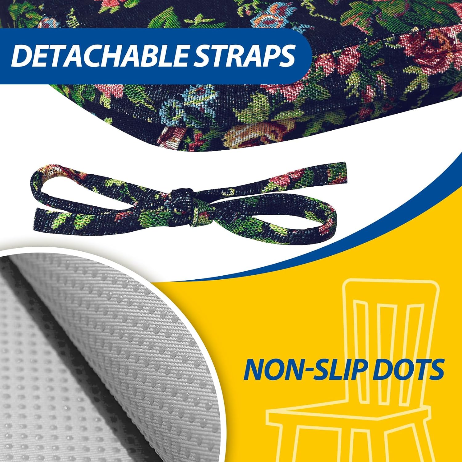 AAAAAcessories D-Shaped Chair Cushions, 2" Thick Dining Chair Pads with Ties and Removable, Machine-Washable Cover, 17" x 16", Set of 4, Night-Blooming Blossoms