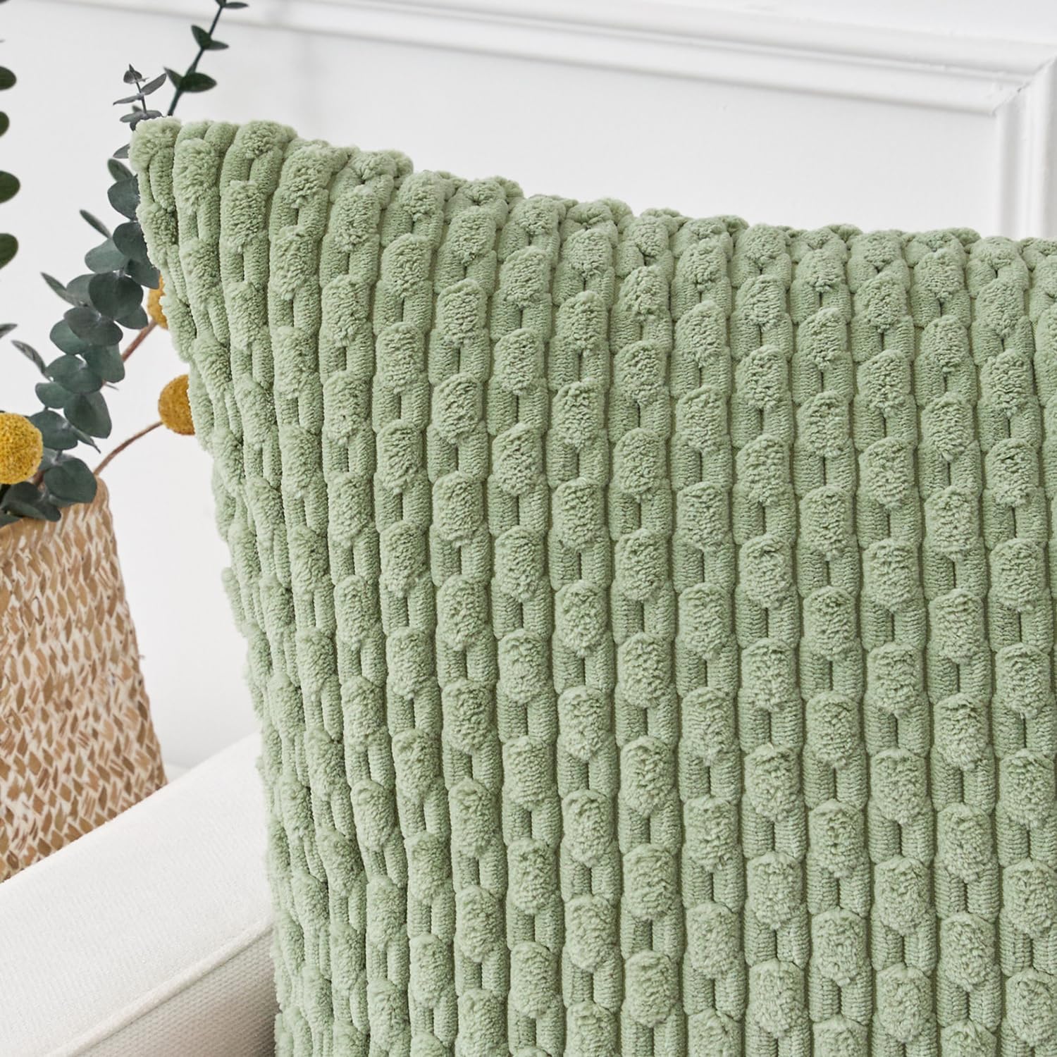 Kevin Textile 12x20 Inch Pillow Cover 1 Pack Boho Decorative Soft Striped Corduroy Lumbar Farmhouse Solid Color Accent Rectangle Cushion Case for Living Room Couch Sofa Bed, Sage Green