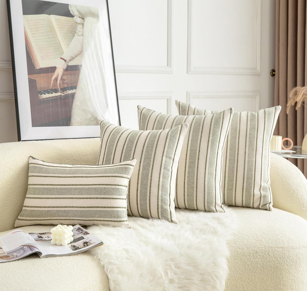 Decorative Boho Lumbar Throw Pillow Covers, Farmhouse Textured Pillow Case, 12 x 20 Inch Set of 2, Chair Sofa Bedroom Living Room Home Decor Couch Cushion Case, Olive Green and Beige